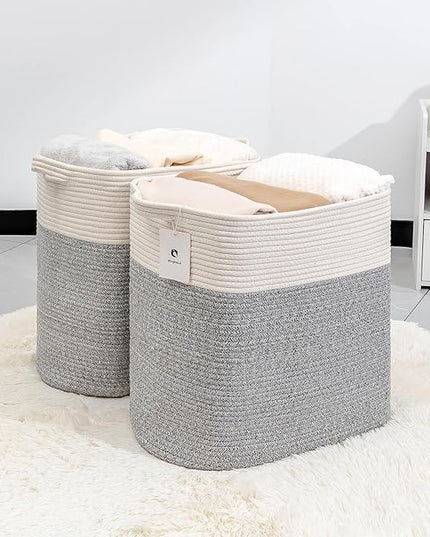 Tall Storage Bins Rectangle Basket Cotton Extra Large Toy Storage Hamper Rectangular with Handles,Decorative Blanket Laundry Basket for Living room,Dog Baskets Large Basket for Toys 2 pack - LeafyLoom