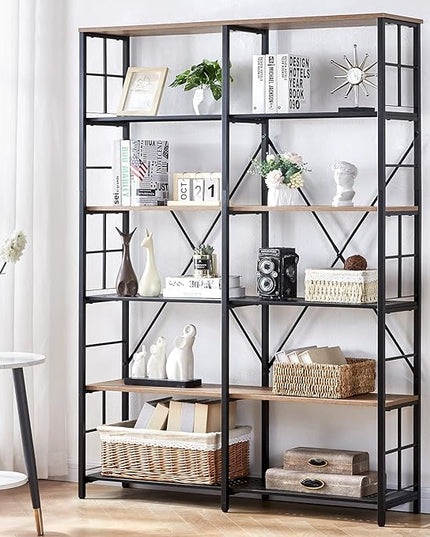 HOMISSUE Double Wide 6-Tier Bookshelf,Industrial Bookcases with Metal Frame,Open Large Storage Bookshelves,Wood Style and Metal Tall Display Shelves for Living Room Office,Brown - LeafyLoom