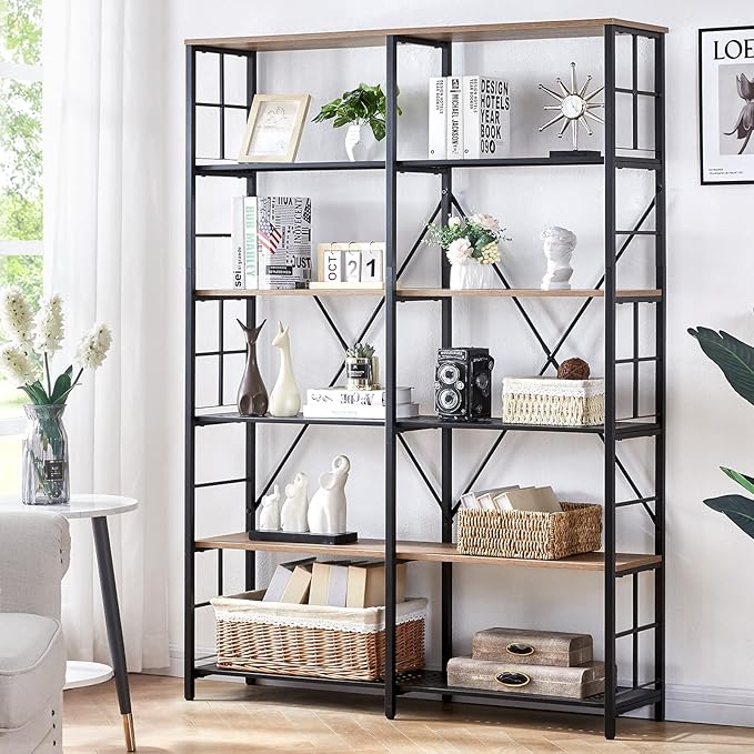 HOMISSUE Double Wide 6-Tier Bookshelf,Industrial Bookcases with Metal Frame,Open Large Storage Bookshelves,Wood Style and Metal Tall Display Shelves for Living Room Office,Brown - LeafyLoom