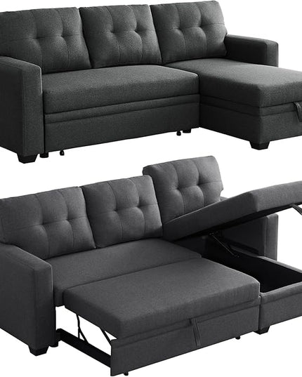 82" L-Shape Convertible Sleeper Sectional Sofa with Storage Chaise,Linen Upholstered Reversible Corner 3 Person Couch for Living Room, Apartment and Office，Dark Gray, 82 Inch - LeafyLoom
