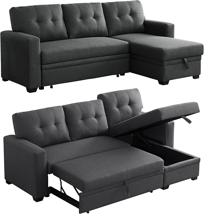 82" L-Shape Convertible Sleeper Sectional Sofa with Storage Chaise,Linen Upholstered Reversible Corner 3 Person Couch for Living Room, Apartment and Office，Dark Gray, 82 Inch - LeafyLoom