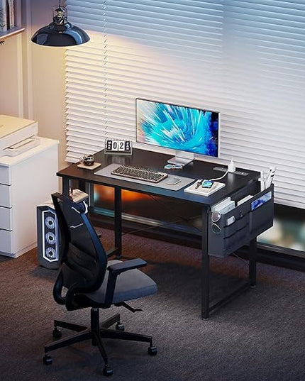 KKL Small Desk with Power Outlets and USB Port Computer Desk for Home Office Gaming Simple Modern Style Writing Desks with Storage Bag Headphone Hook, 32 inch, Black - LeafyLoom