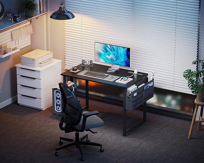 KKL Small Desk with Power Outlets and USB Port Computer Desk for Home Office Gaming Simple Modern Style Writing Desks with Storage Bag Headphone Hook, 32 inch, Black - LeafyLoom