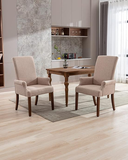 Dining Room Chairs with Arms,Tufted Upholstered High Back Nailed Trim with Untique Oak Wood Legs for Kitchen Restaurant Room Bedroom (Ivory Brown, SingleA) - LeafyLoom