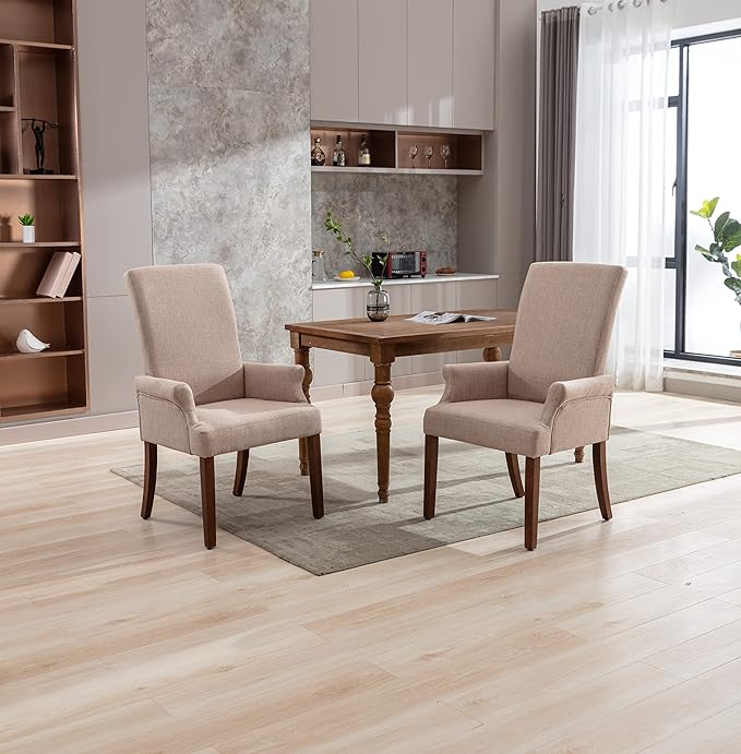 Dining Room Chairs with Arms,Tufted Upholstered High Back Nailed Trim with Untique Oak Wood Legs for Kitchen Restaurant Room Bedroom (Ivory Brown, SingleA) - LeafyLoom