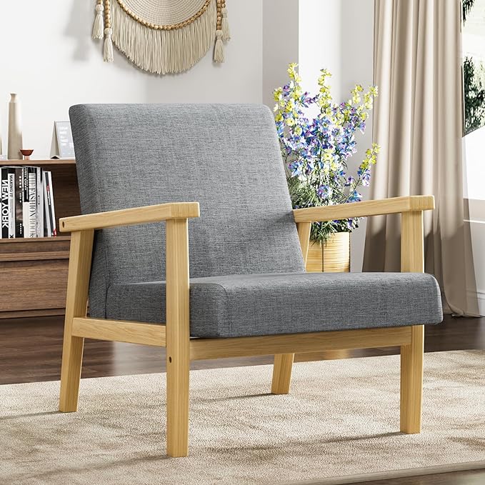 YESHOMY Mid-Century Modern Accent Chair with Solid Wood Frame and Thick Cushion for Living Room, Bedroom, Home Office, Set of 2, Gray - LeafyLoom