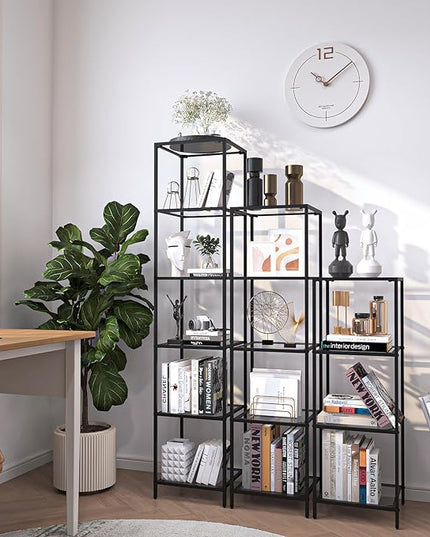 5-Tier Bookshelf,Metal Bookcase,Tempered Glass Shelves,Storage Rack Shelf for Home Office,Living Room,Bedroom, Bathroom,Modern Style, Black - LeafyLoom