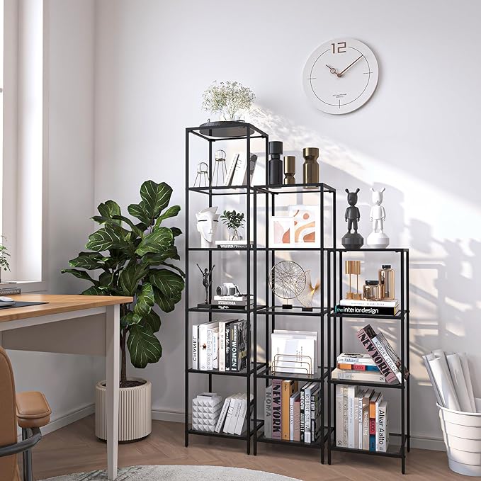 5-Tier Bookshelf,Metal Bookcase,Tempered Glass Shelves,Storage Rack Shelf for Home Office,Living Room,Bedroom, Bathroom,Modern Style, Black - LeafyLoom