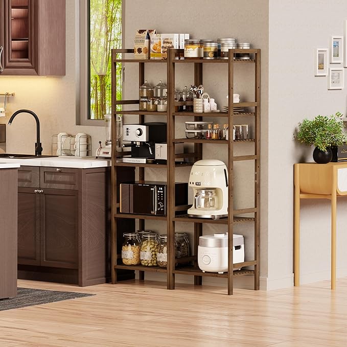 Bamboo Book Shelf, Tall Narrow Bookcase, Bathroom shelving Unit 5 tier Floor Standing Adjustable Bookshelf for Small Spaces, Walnut - LeafyLoom