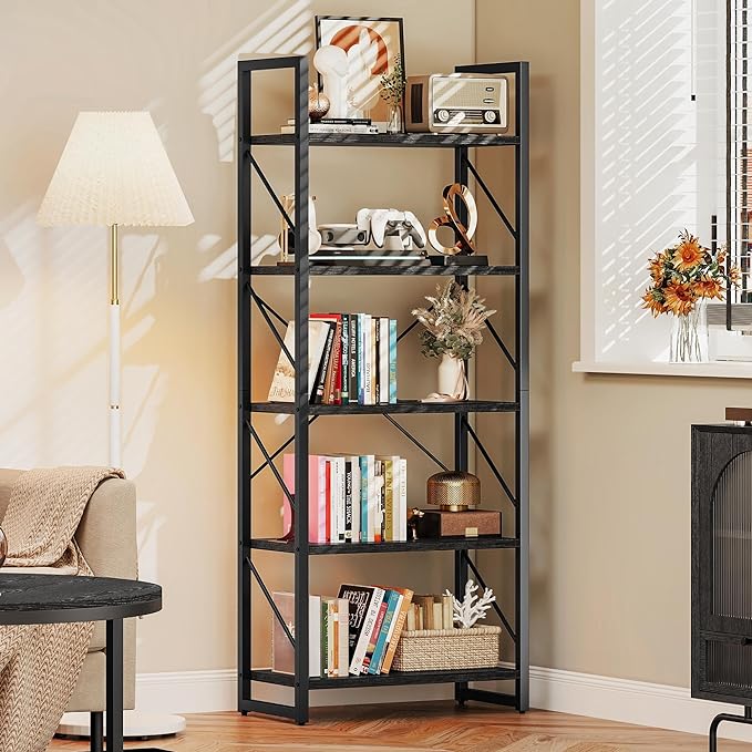 DWVO 5 Tier Bookshelf Black Bookcase, Storage Shelves Organizer Standing Shelf, Display Rack Book Shelves for Bedroom,Living Room,Office,Kitchen, Black - LeafyLoom