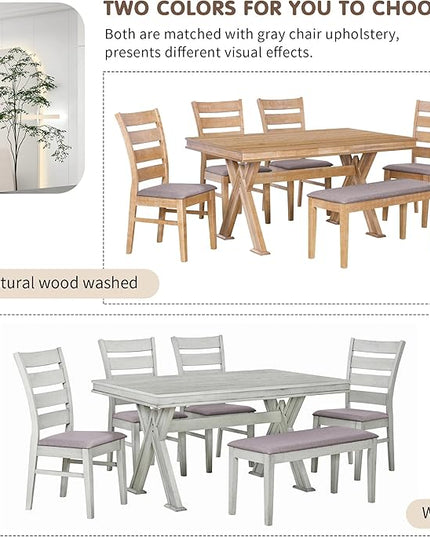 Retro 59" L Rectangular Unique Legs and 4 Upholstered Chairs & 1 Bench, Rubber, Easy Assembly, for Kitchen, Room, 6 Piece Dining Table Set, Natural Wood Wash 11 - LeafyLoom