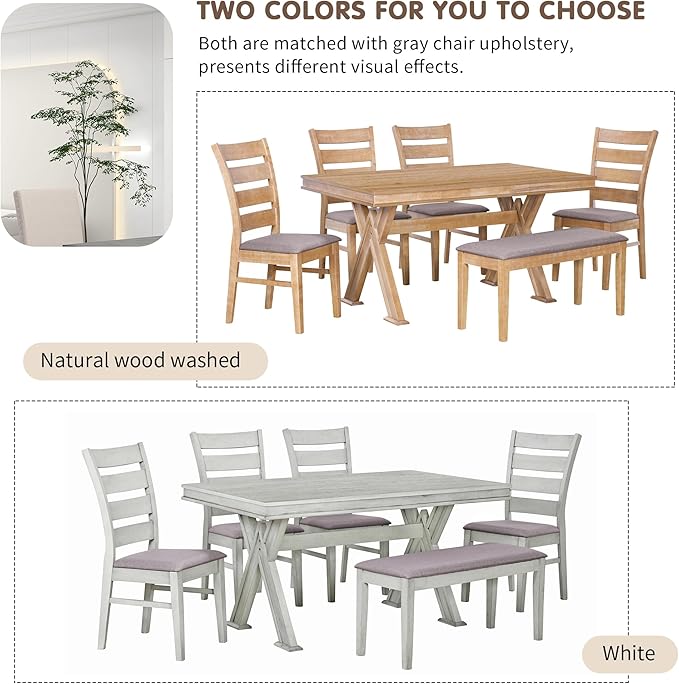 Retro 59" L Rectangular Unique Legs and 4 Upholstered Chairs & 1 Bench, Rubber, Easy Assembly, for Kitchen, Room, 6 Piece Dining Table Set, Natural Wood Wash 11 - LeafyLoom