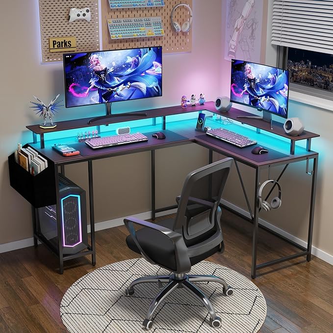 L Shaped Gaming Desk with Power Outlets & LED Lights, Computer Desk with Monitor Stand & Storage Shelf, Home Office Desk Corner Desk with Hooks, Easy to Assemble, Grey Oak - LeafyLoom