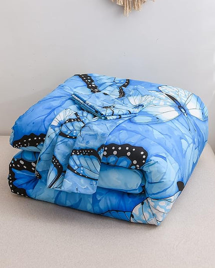 Btargot 3 Piece Blue Butterfly Girls Kids Adults Queen Size Comforter Set, Lightweight Soft All Season Bedding Set with 2 Pillowcases - LeafyLoom