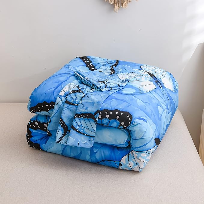 Btargot 3 Piece Blue Butterfly Girls Kids Adults Queen Size Comforter Set, Lightweight Soft All Season Bedding Set with 2 Pillowcases - LeafyLoom
