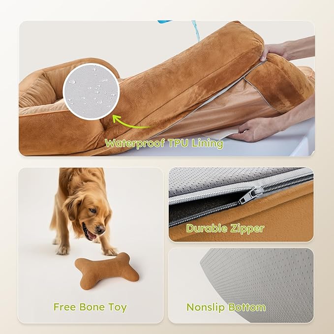Extra Large Dog Bed, Orthopedic Dog Beds with Cooling Gel Memory Foam, Waterproof XL Pet Bed with Removable Washable Cover, 42" Pet Sofa Couch Dutch Velvet with Bone Toy, Brown LeafyLoom