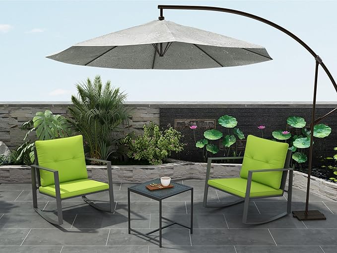 3 Piece Rocking Bistro Set - Synthetic Wicker Outdoor Furniture - Glass Coffee Table with 2 Chairs for Balcony, Patio & Porch - Black Metal, Soft Cushions (Green) - LeafyLoom
