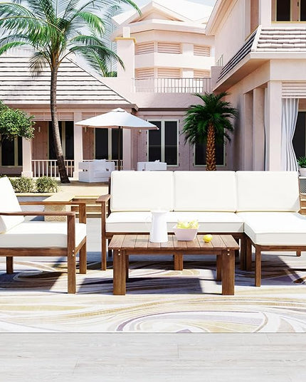 Outdoor Patio Furniture Set with Acacia Wood L-shaped Sectional Sofa, Armchair and A Small Table, 4-Piece for Gardens Backyards Balconies, Onesize, Beige Cushions - LeafyLoom