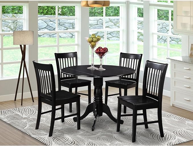 East West Furniture Dublin 5 Piece Dinette Set for 4 Includes a Round Room Table with Dropleaf and 4 Kitchen Dining Chairs, 42x42 Inch, DLNO5-BLK-W - LeafyLoom