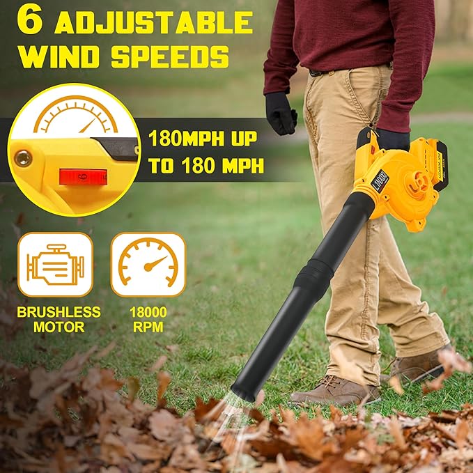 Cordless Leaf Blower for Dewalt 20V Max Battery, Jobsite Air Blower with Brushless Motor,6 Variable Speed Up to 180MPH,2-in-1 Handle Electric Blower and Vacuum Cleaner(Battery Not Included) - LeafyLoom