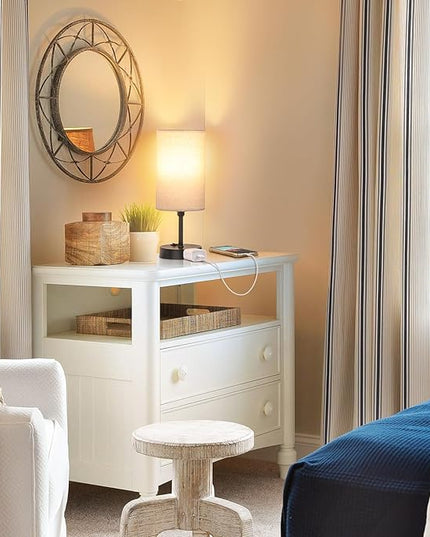 GGOYING Bedside Table Lamp,3-Way Dimmable Bedside Lamps 2700K 3500K 5000K with AC Outlet,Beige Cylindrical Lampshade for Livingroom Office Reading Working Kid - LeafyLoom