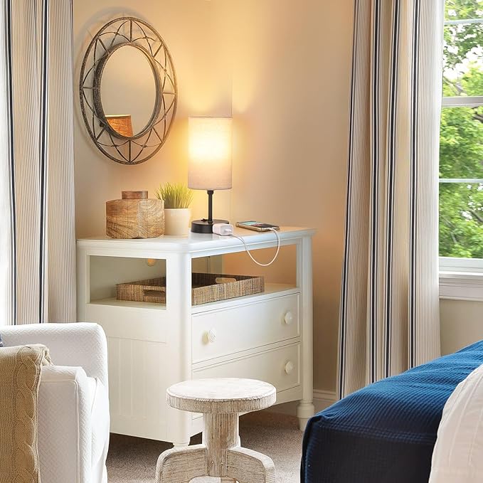GGOYING Bedside Table Lamp,3-Way Dimmable Bedside Lamps 2700K 3500K 5000K with AC Outlet,Beige Cylindrical Lampshade for Livingroom Office Reading Working Kid - LeafyLoom