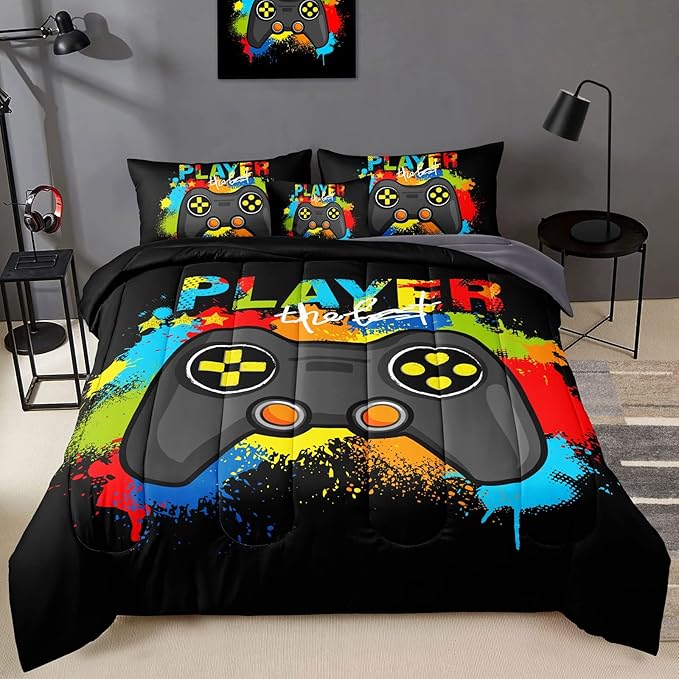 6 Pieces Gamer Comforter Set for Boys Gaming Bedding Set Full Size,Video Game Controller Comforter for Boys Kids Adult 3D Gamepad Microfiber Bedding Sets 6 Pieces Bed in A Bag Sets30019,Full - LeafyLoom