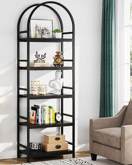 Tribesigns 5-Tier Open Bookshelf, 74.4" Wood Bookcase Storage Shelves with Metal Frame, Freestanding Display Rack Tall Shelving Unit for Office, Bedroom, Living Room, Easy Assembly(Black, 1PC) - LeafyLoom
