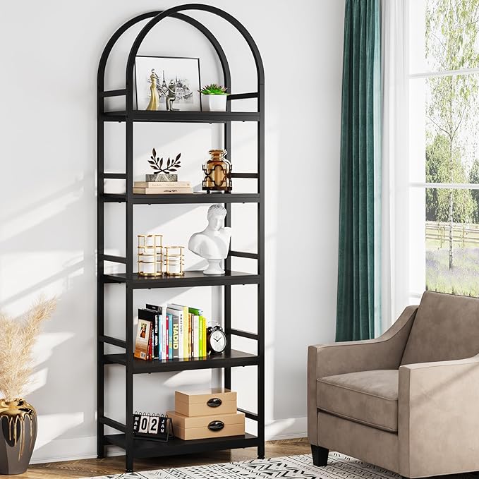 Tribesigns 5-Tier Open Bookshelf, 74.4" Wood Bookcase Storage Shelves with Metal Frame, Freestanding Display Rack Tall Shelving Unit for Office, Bedroom, Living Room, Easy Assembly(Black, 1PC) - LeafyLoom