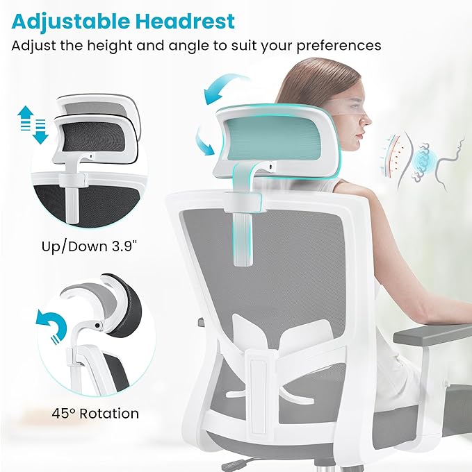 Office Chair Ergonomic Desk Chair High Back Computer Chair Swivel Mesh Task Chair with Adjustable Lumbar Support Armrests Headrest White - LeafyLoom
