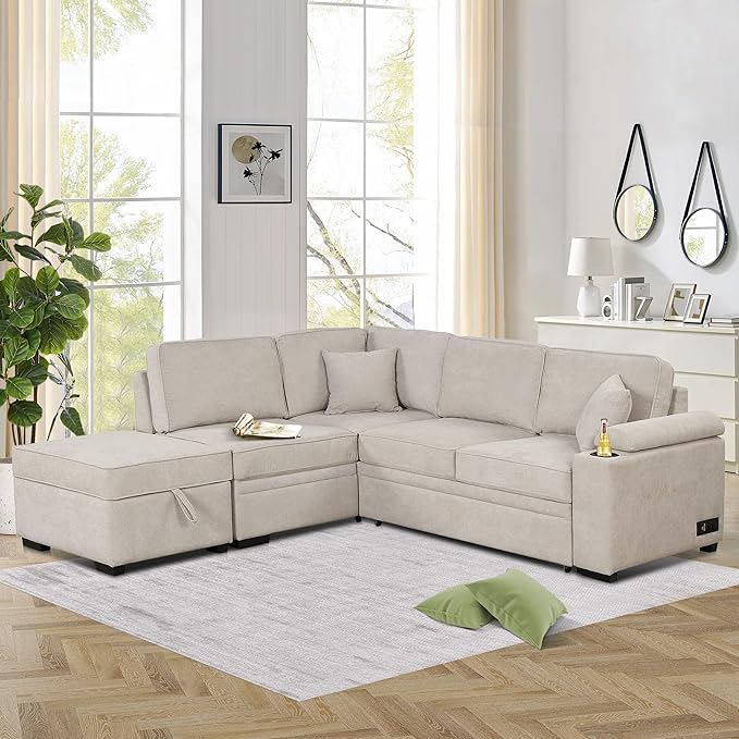 87.4" L Shape Sleeper Sectional Sofa w/Pull Out Bed & Storage Ottoman, Velvet Upholstered Couch, for Living Room, Bedroom and Small Apartment, 87.4 Inch, Knox Charcoal - LeafyLoom