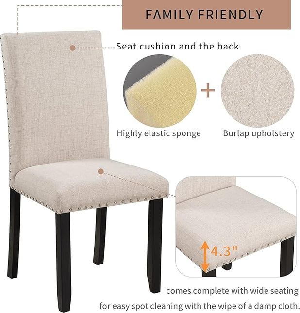 RITSU Modern Marble 5 Piece Dining Table Set with 4 Thick Upholstered Burlap Chairs W/Rivet Edge Trim, Solid Wood Frame, for Living Room, Apartment White/Beige & Black, 45.3inch - LeafyLoom