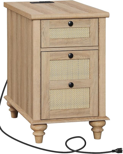 WAMPAT Farmhouse Rattan End Table with Charging Station, Wood Side Table with Drawer & Storage Cabinet, Oak Nightstand with Power Outlets & USB Ports for Living Room, Bedroom, Burlywood - LeafyLoom