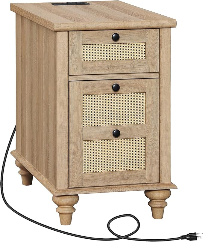 WAMPAT Farmhouse Rattan End Table with Charging Station, Wood Side Table with Drawer & Storage Cabinet, Oak Nightstand with Power Outlets & USB Ports for Living Room, Bedroom, Burlywood - LeafyLoom