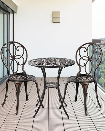 3 Piece Outdoor Bistro Set, Cast Aluminum Bistro Table and Chairs Set, Weather Resistant Patio Metal Bistro Sets, Patio Table Set with Umbrella Hole for Balcony Backyard Garden - LeafyLoom
