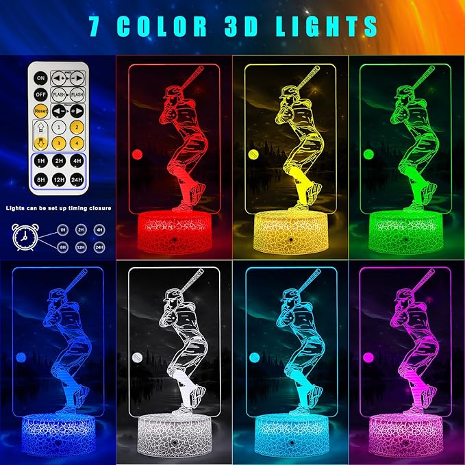 Baseball Light,Baseball Bedside Lamp 7 Colors Change + Remote Control with Timer Night Light Optical Illusion Lamps for Gift Ideas for Boys or Kids - LeafyLoom