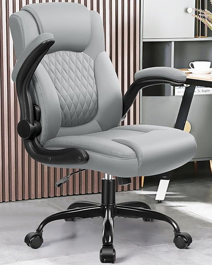 Leather Office Chair, PU Home Computer Desk Chairs with Ergonomic Back Support, 360°Swivel Free，Small Gmaing Chair with Wheels and Adjustable Armrests, for Short People Use, Gray - LeafyLoom