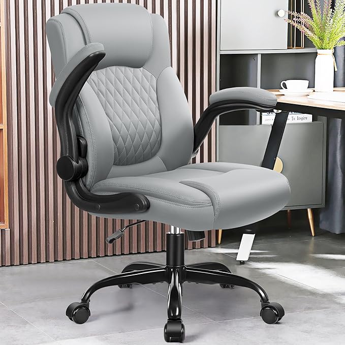 Leather Office Chair, PU Home Computer Desk Chairs with Ergonomic Back Support, 360°Swivel Free，Small Gmaing Chair with Wheels and Adjustable Armrests, for Short People Use, Gray - LeafyLoom
