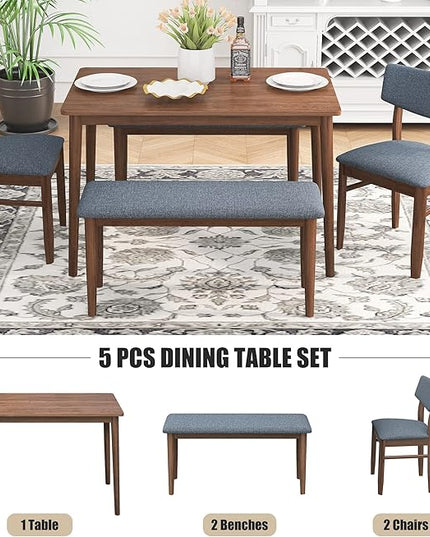 5 Piece Kitchen Dining, Wooden Rectangular Table Chairs and 2 Upholstered Bench, Retro Rustic Dinette Set for 6 People for Living Room Furniture, Walnut - LeafyLoom