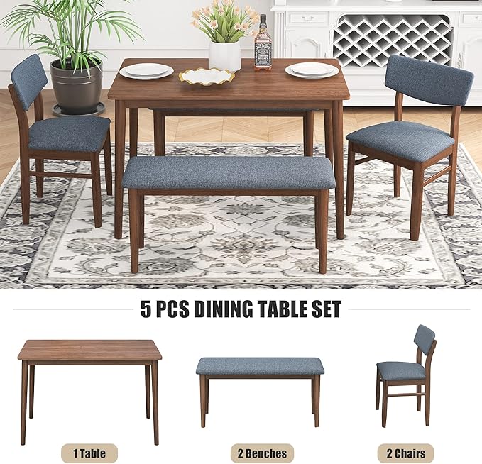 5 Piece Kitchen Dining, Wooden Rectangular Table Chairs and 2 Upholstered Bench, Retro Rustic Dinette Set for 6 People for Living Room Furniture, Walnut - LeafyLoom