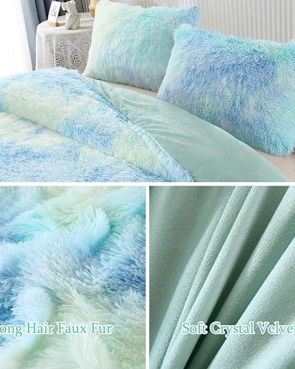 WINLIFE Shaggy Bedding Comforter Set Faux Fur Flannel Furry Comforter Microfiber Long Hair Fluffy Plush Comforter Sets Gradient Ombre Blue Aqua Teal Bedding for Girls Adults (3Pcs, Queen, Mint Green) - LeafyLoom
