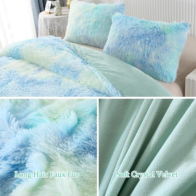WINLIFE Shaggy Bedding Comforter Set Faux Fur Flannel Furry Comforter Microfiber Long Hair Fluffy Plush Comforter Sets Gradient Ombre Blue Aqua Teal Bedding for Girls Adults (3Pcs, Queen, Mint Green) - LeafyLoom