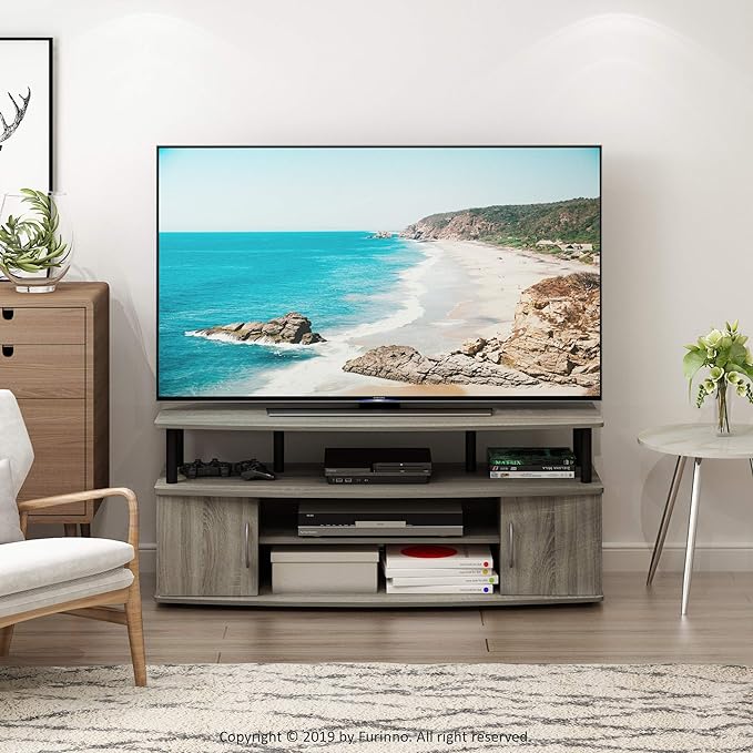 Furinno JAYA Large Entertainment Stand for TV Up to 55 Inch, French Oak Grey/Black - LeafyLoom