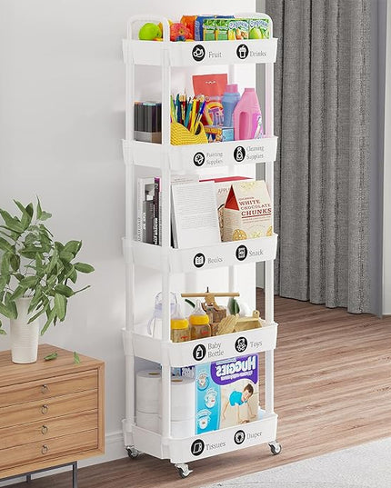 5-Tier Storage Cart,Multifunction Utility Rolling Cart Kitchen Storage Organizer,Mobile Shelving Unit Cart with Lockable Wheels for Bathroom,Laundry,with Classified Stickers,White - LeafyLoom