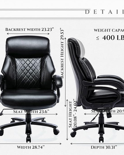 Big and Tall Office Chair 400lbs-Heavy Duty Executive Desk Chair with Extra Wide Seat, High Back Ergonomic Leather Computer Chair with Tilt Rock&Tension, Padded Armrests-Diamond Black - LeafyLoom