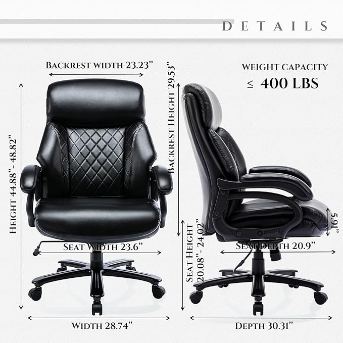 Big and Tall Office Chair 400lbs-Heavy Duty Executive Desk Chair with Extra Wide Seat, High Back Ergonomic Leather Computer Chair with Tilt Rock&Tension, Padded Armrests-Diamond Black - LeafyLoom