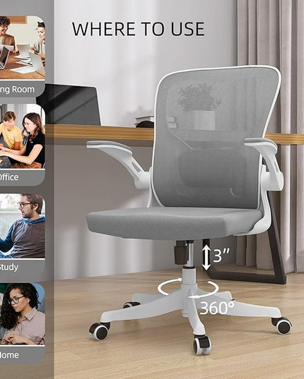 Office Chair - Ergonomic Office Chair with Lumbar Support & Flip Up Arms Home Office Desk Chairs Rockable Swivel High Back Computer Chair White Frame Grey Mesh Study Chair - LeafyLoom