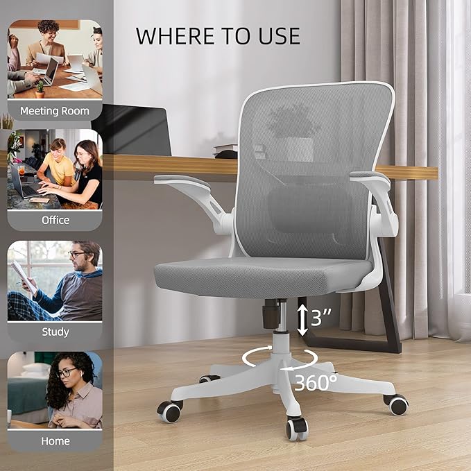 Office Chair - Ergonomic Office Chair with Lumbar Support & Flip Up Arms Home Office Desk Chairs Rockable Swivel High Back Computer Chair White Frame Grey Mesh Study Chair - LeafyLoom