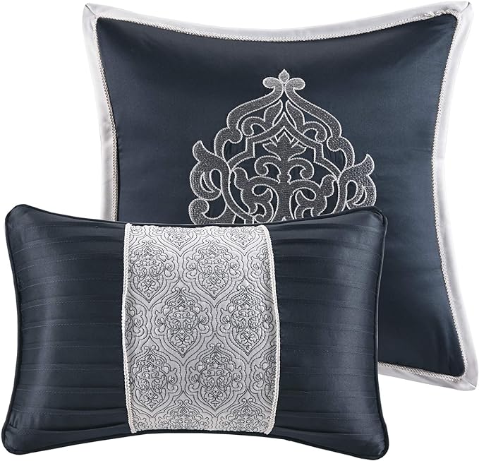 Madison Park Odette Cozy Comforter Set Jacquard Damask Medallion Design - Modern All Season, Down Alternative Bedding, Shams, Decorative Pillows, King(104 in x 92 in), Navy 8 Piece - LeafyLoom