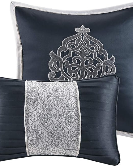 Madison Park Odette Cozy Comforter Set Jacquard Damask Medallion Design - Modern All Season, Down Alternative Bedding, Shams, Decorative Pillows, Cal King(104 in x 92 in), Navy 8 Piece - LeafyLoom